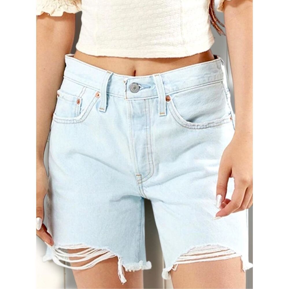 Levi’s 501 Mid Thigh Shorts High Rise Light Wash Button Fly Distresses Denim NWT - Picture 3 of 13